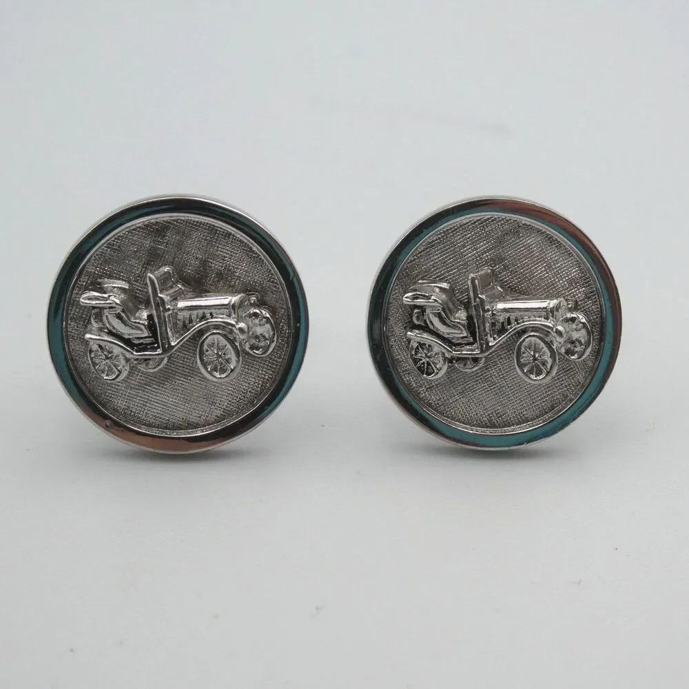 Vintage Shields Dante Silver Tone Antique Car Cufflinks Mid Century 60s Model T